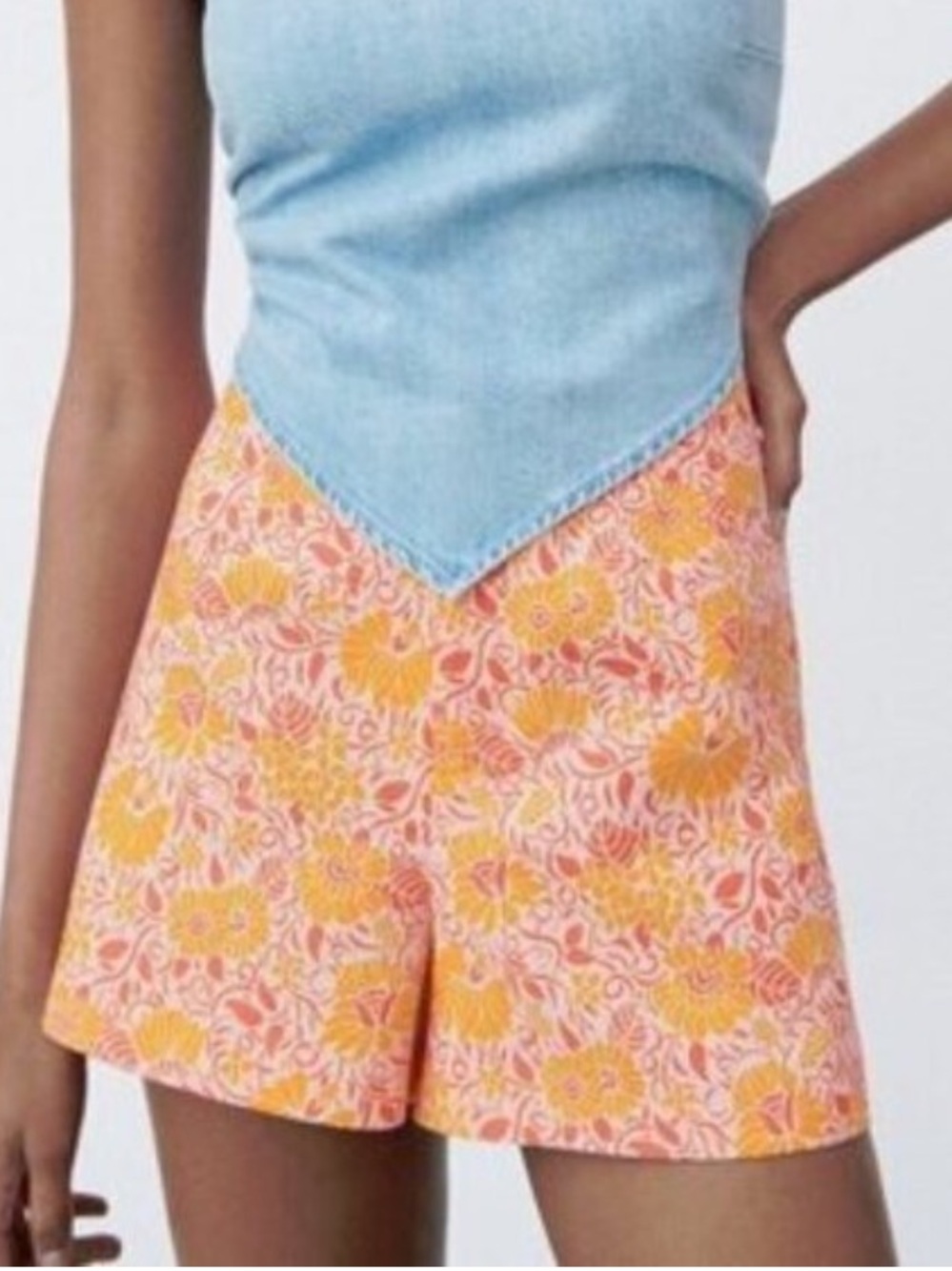 Zara Women Size S Pink Orange Floral Linen Blend High Waist Shorts NWT